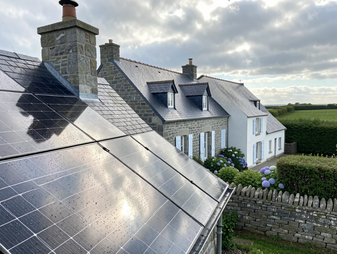 Panneaux solaires mouillés par une averse puis éclairés par une éclaircie
