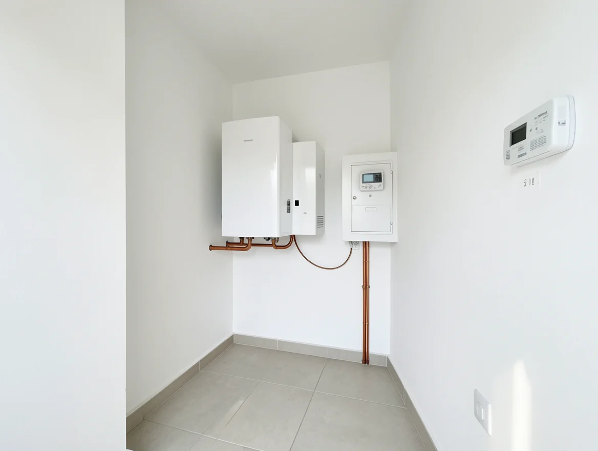 Local technique avec le module intérieur d'une pompe à chaleur et le tableau électrique