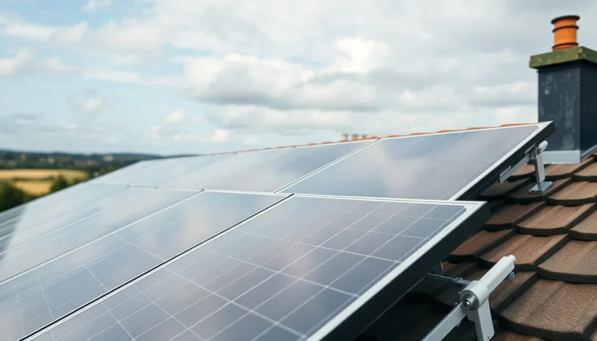Installation de panneaux solaires sur un toit en Bretagne, vue rapprochée
