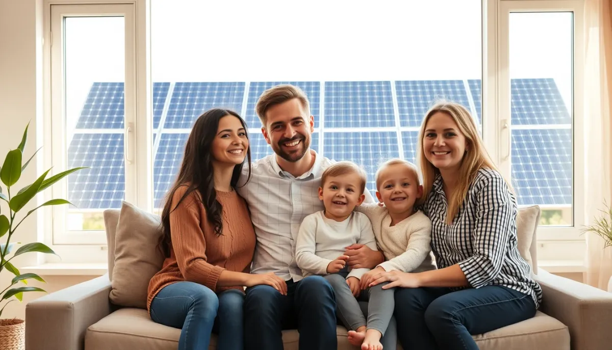 Famille bretonne dans son salon avec des panneaux solaires visibles à l'extérieur