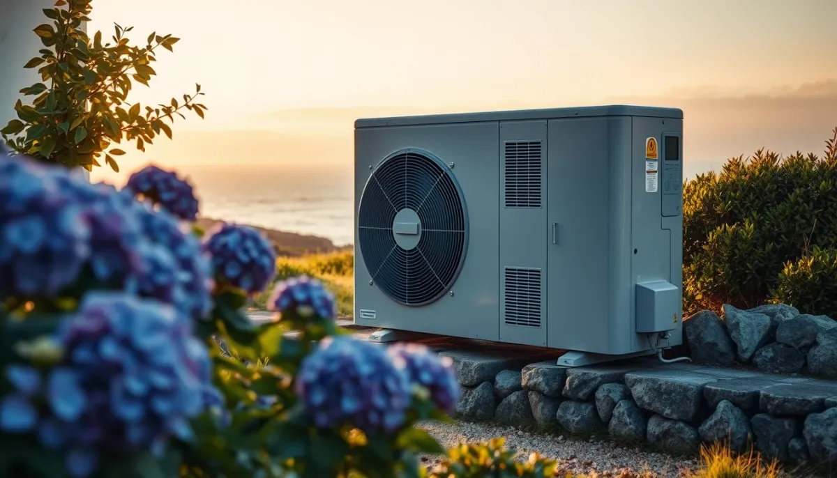 Pompe à chaleur Daikin Altherma installée dans un jardin breton à proximité du littoral