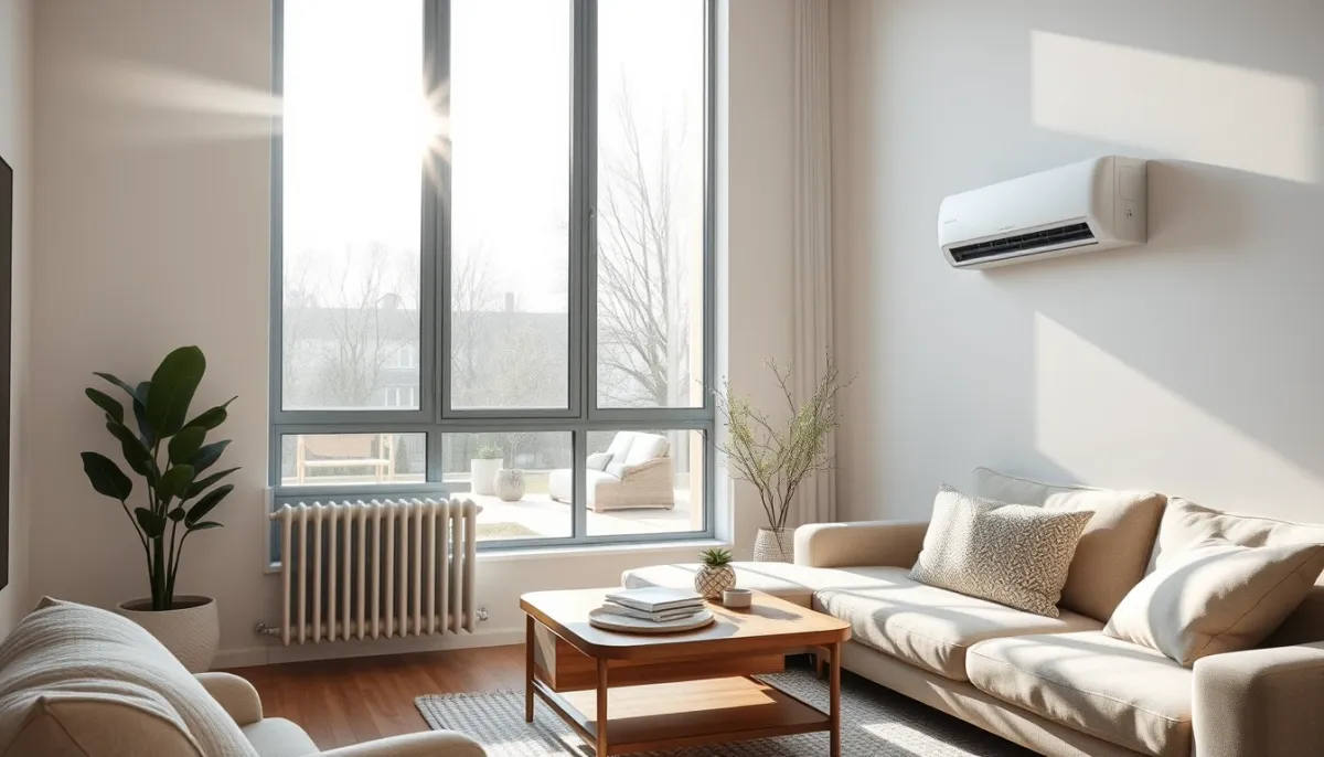 Intérieur d'un salon moderne avec une unité intérieure de pompe à chaleur air/eau et un radiateur