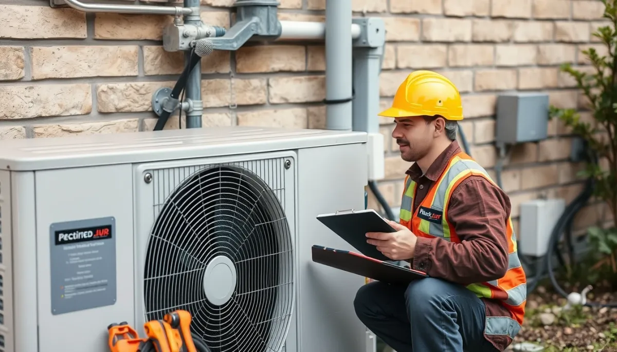 Technicien certifié RGE installant une pompe à chaleur air/eau à l'extérieur