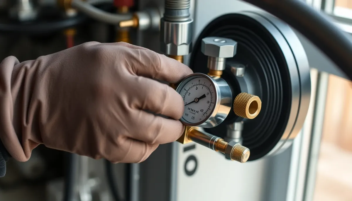 Technicien contrôlant les pressions du circuit frigorifique d'une pompe à chaleur avec un manifold numérique
