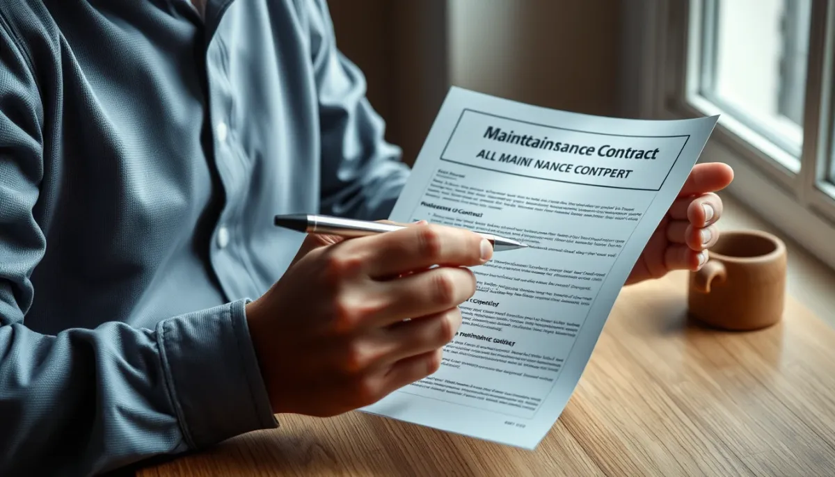 Propriétaire examinant un contrat d'entretien de pompe à chaleur