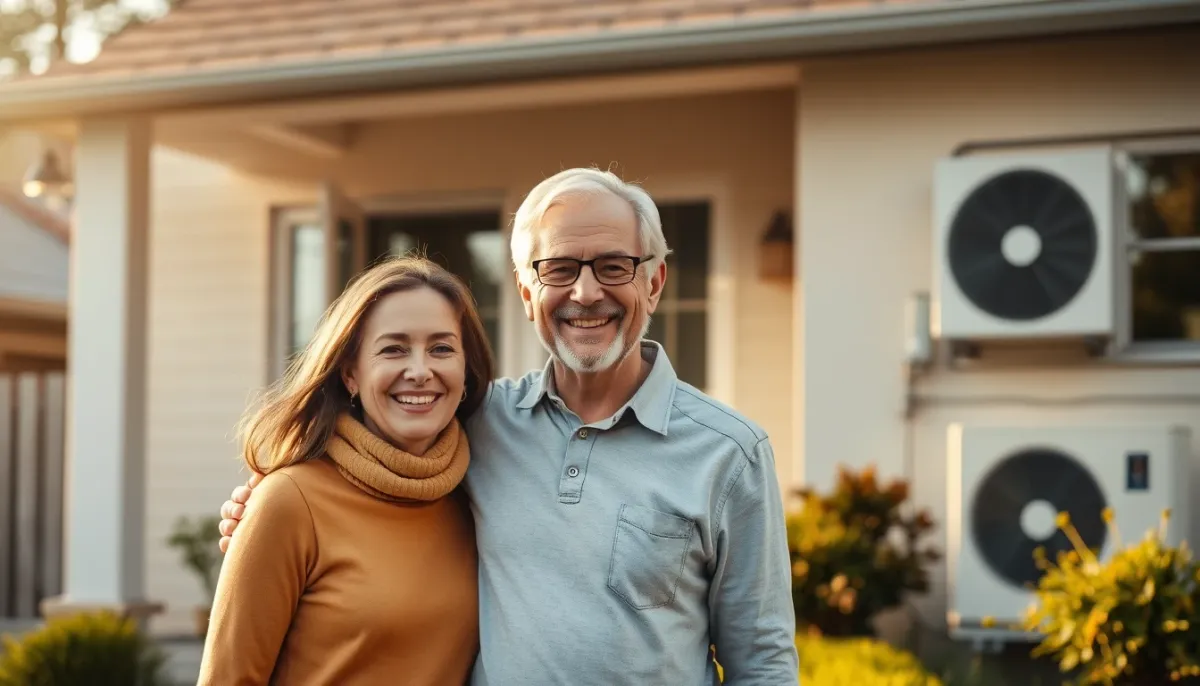 Couple de propriétaires devant leur maison avec une pompe à chaleur en arrière-plan