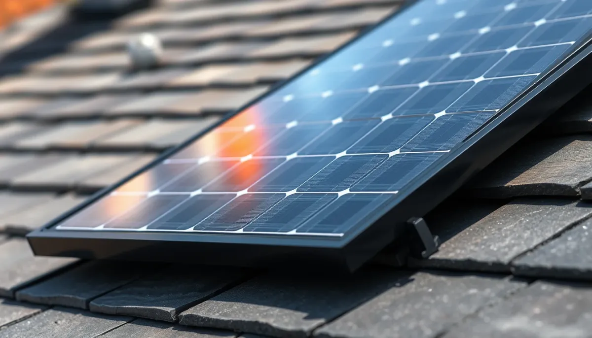 Panneau solaire monocristallin noir avec cadre noir posé sur toit en ardoise