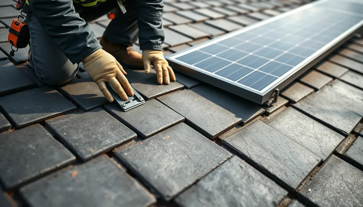 Installateur posant un panneau solaire sur une toiture en ardoise