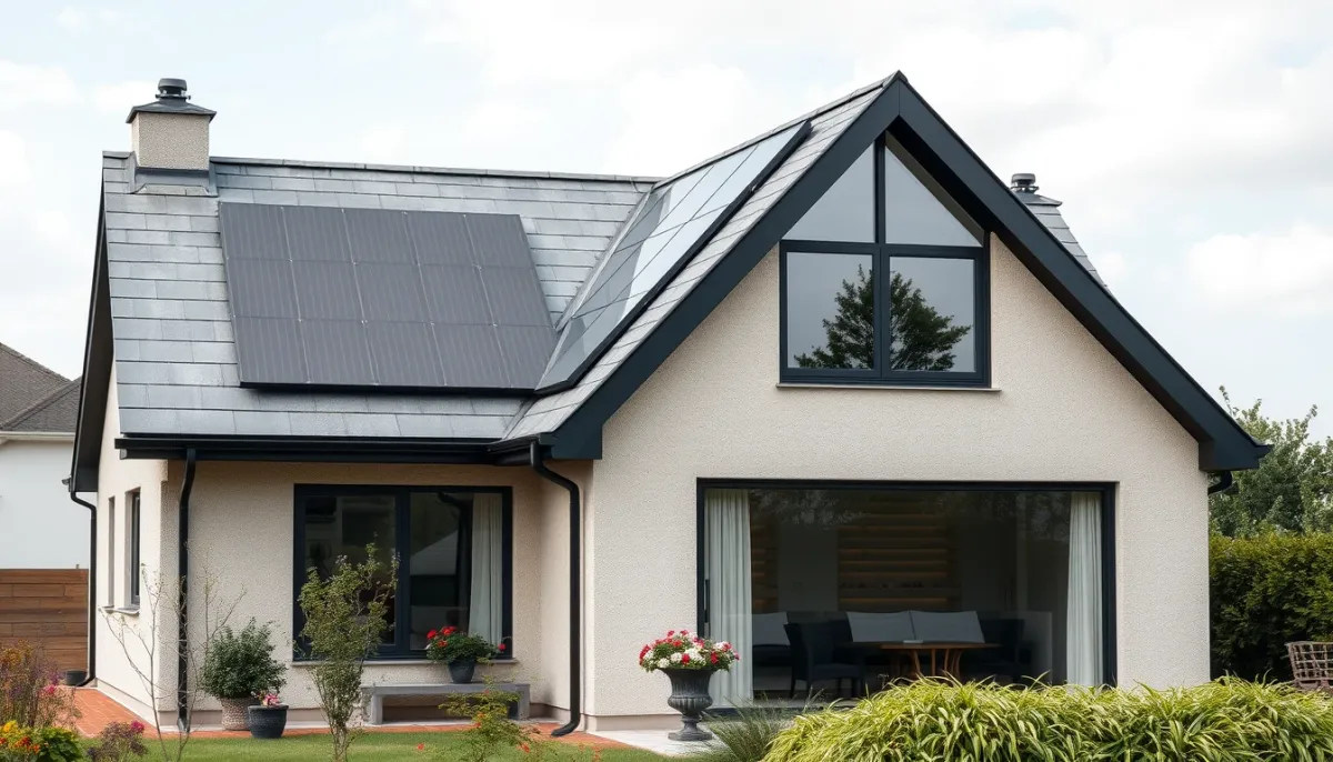 Maison résidentielle avec toit en ardoise et panneaux solaires, intégration esthétique