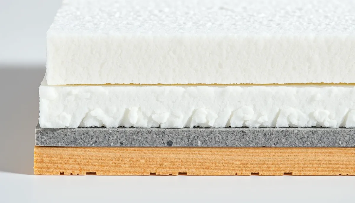 Panneaux isolants de différents matériaux (polystyrène expansé, laine de roche, polyuréthane, fibre de bois) alignés côte à côte