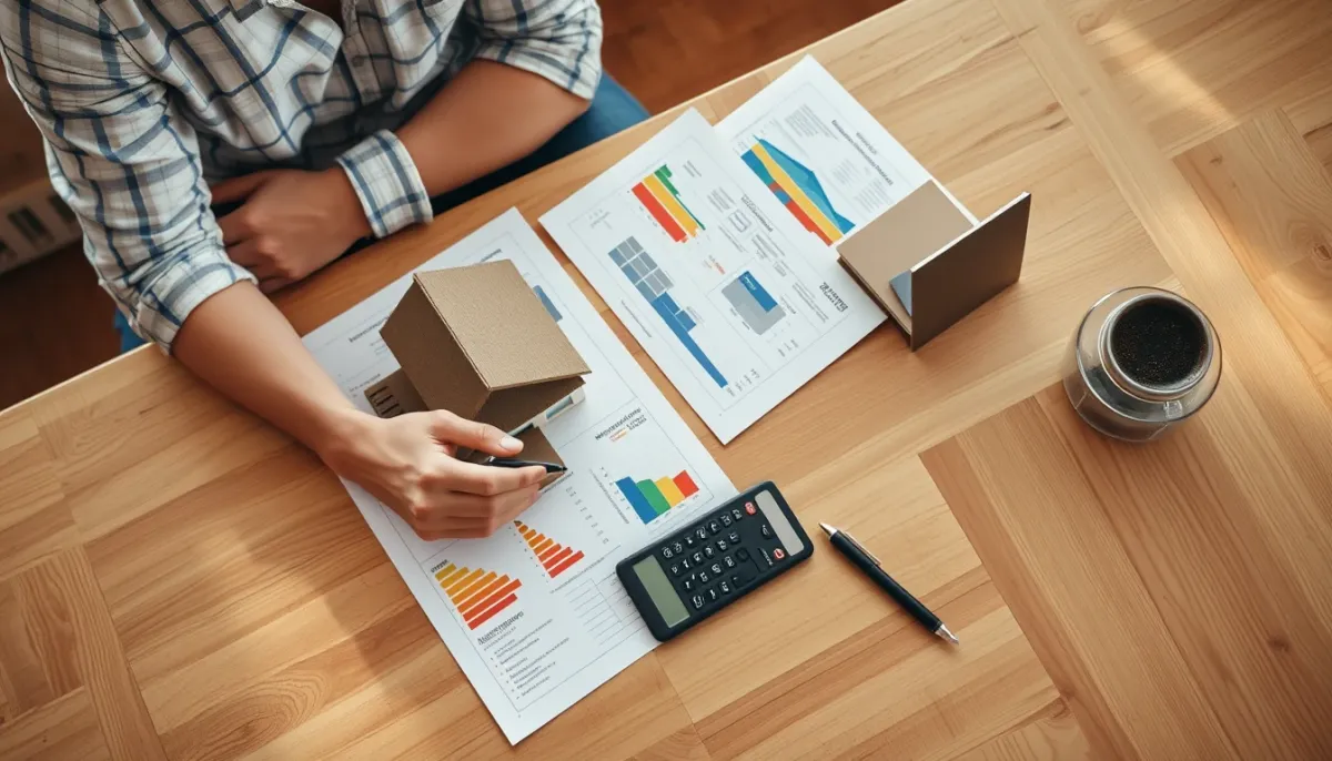 Propriétaire calculant le budget de ses travaux d'isolation avec des documents et une calculatrice sur une table en bois