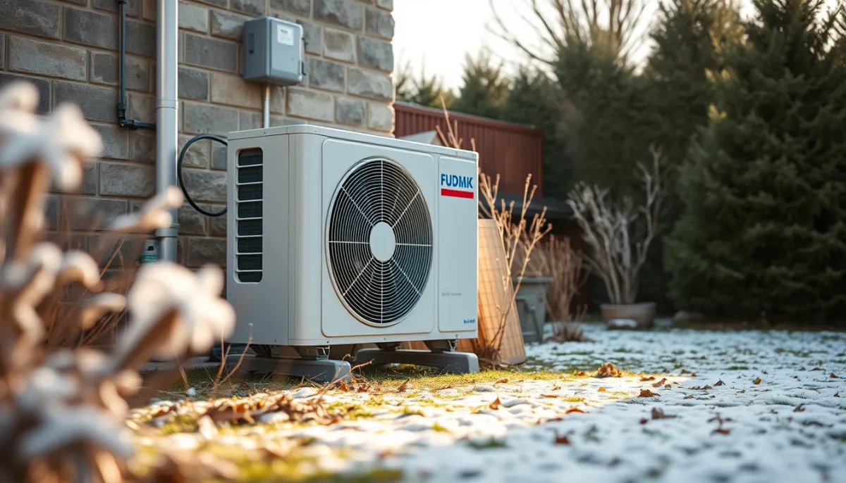Unité extérieure d'une pompe à chaleur air/eau fonctionnant dans un jardin breton en hiver doux