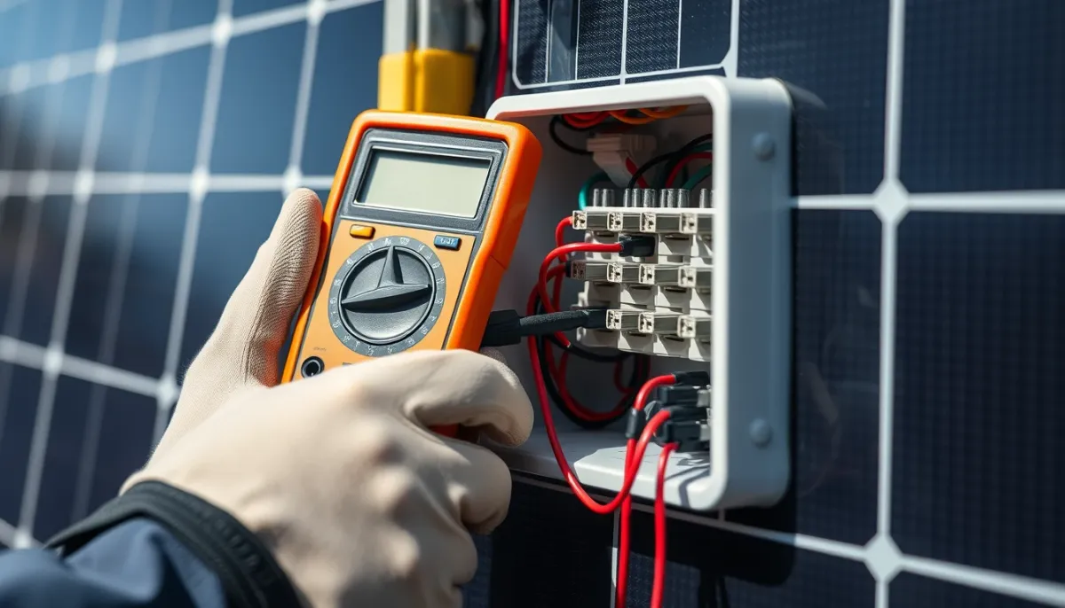 Technicien testant le câblage d'un panneau photovoltaïque avec un multimètre