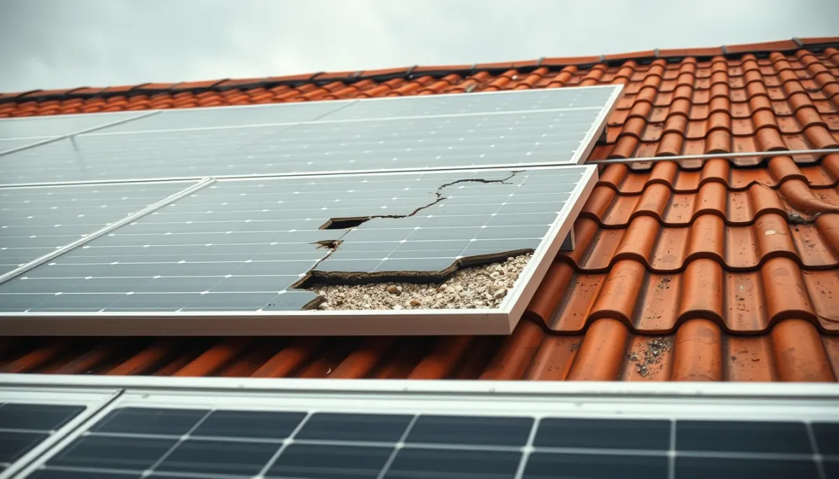 Panneaux photovoltaïques endommagés sur un toit en tuiles