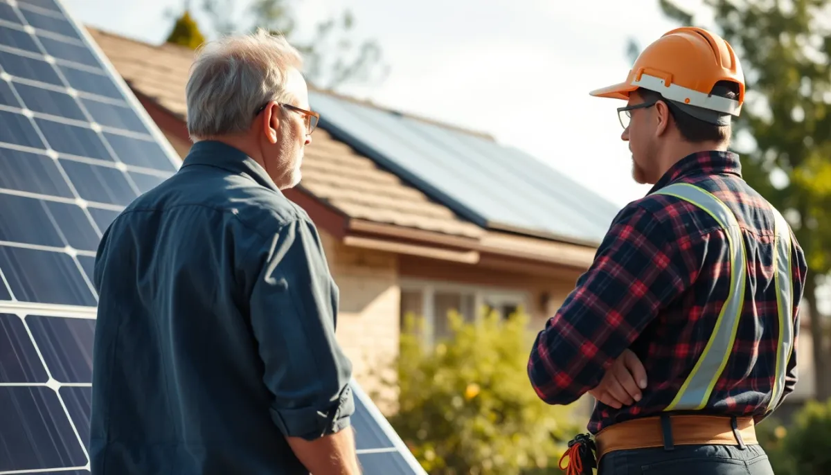 Propriétaire et technicien discutant devant une installation photovoltaïque