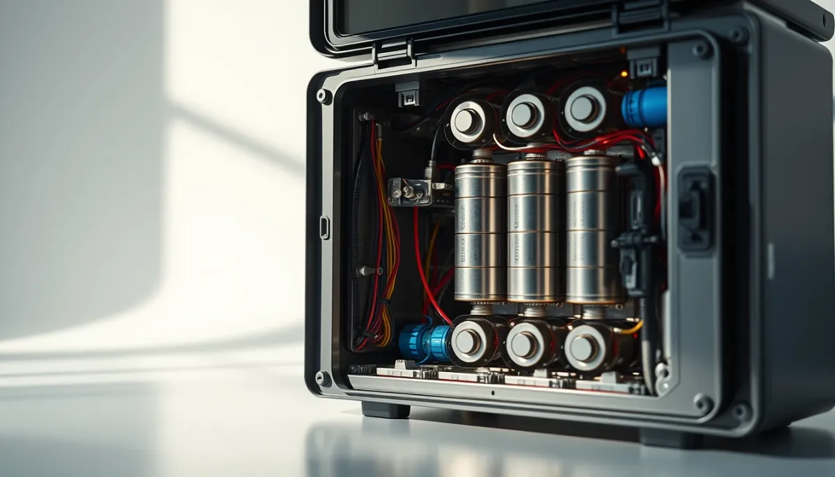 Vue intérieure d'une batterie solaire lithium LFP montrant ses cellules et composants techniques