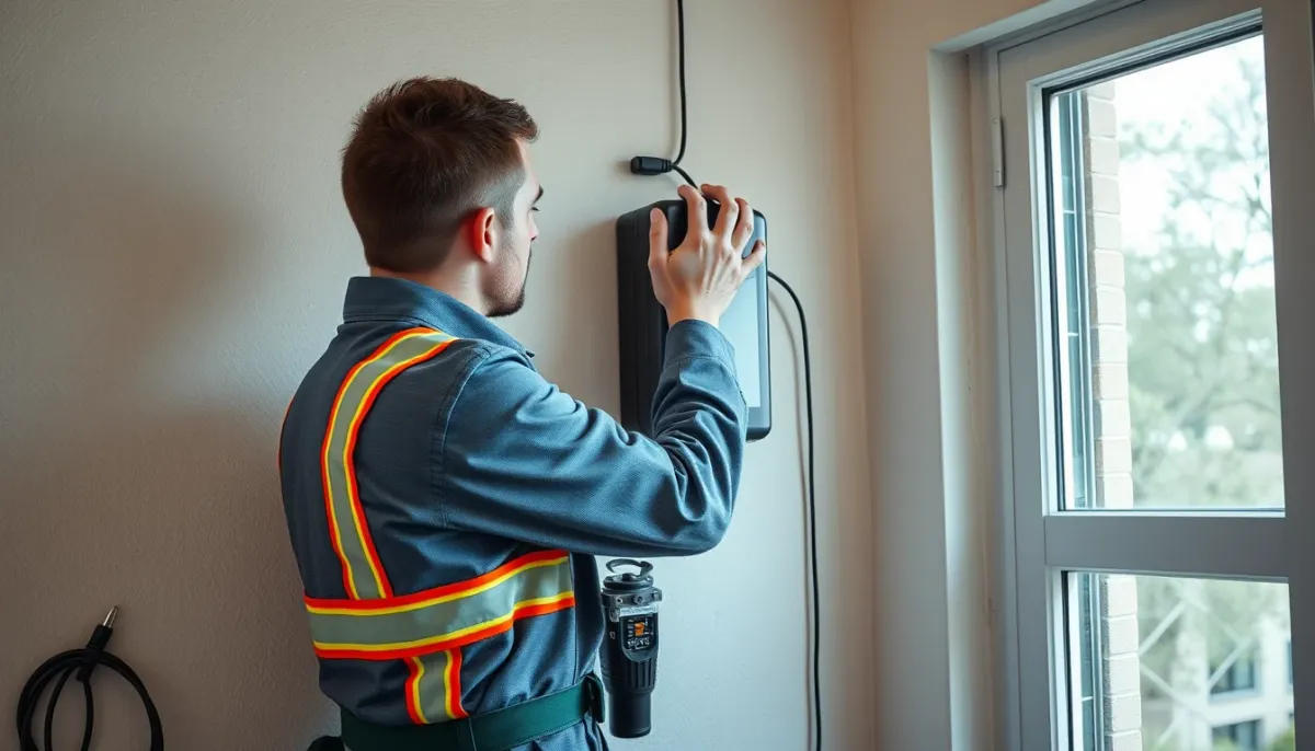 Installateur certifié RGE fixant une batterie solaire domestique sur un mur