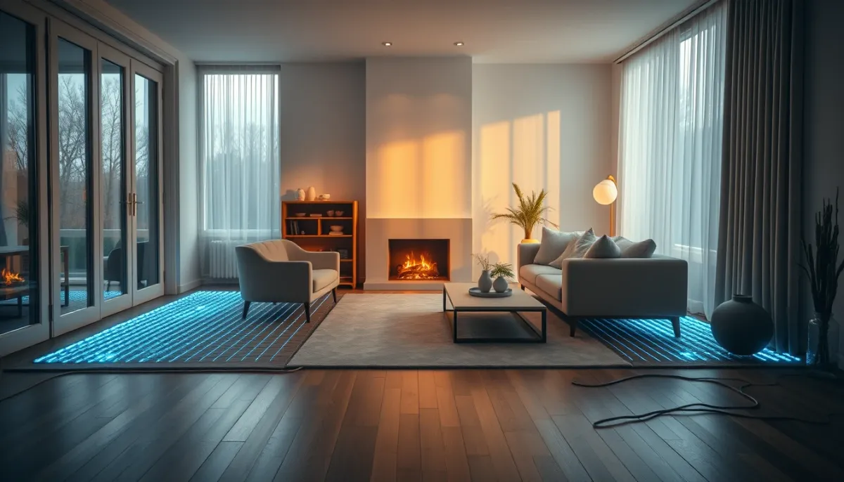 Salon confortable chauffé par un plancher chauffant alimenté par une PAC air/eau