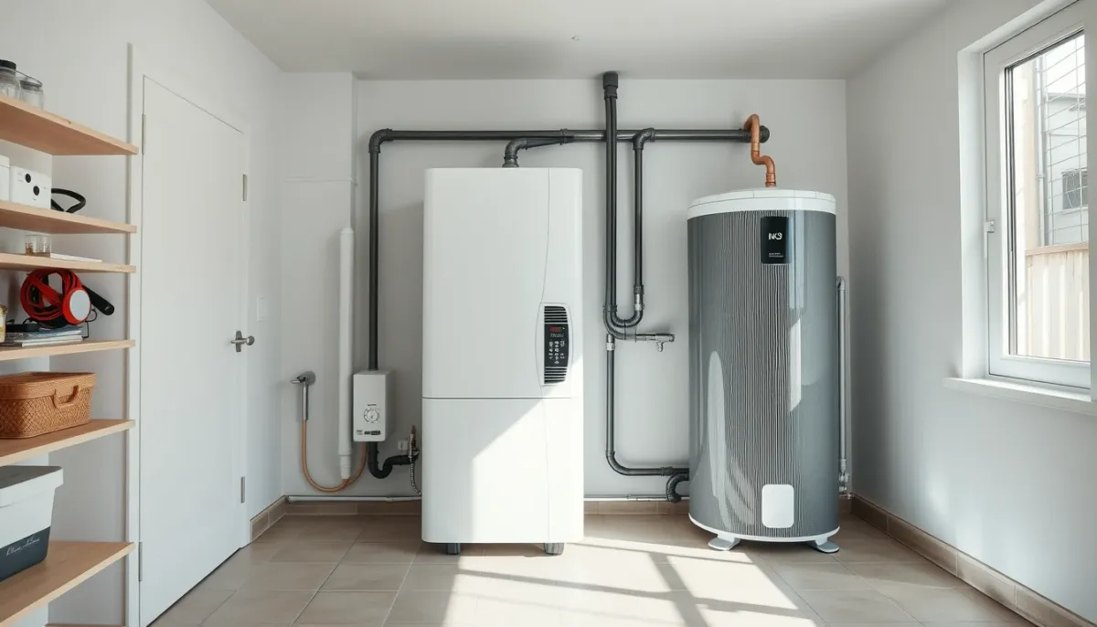 Local technique avec pompe à chaleur air/eau et ballon d'eau chaude sanitaire