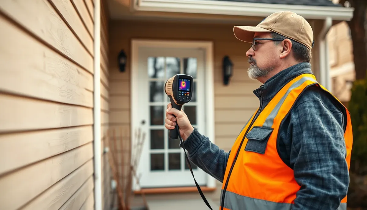 Auditeur énergétique réalisant une inspection thermique de l'extérieur d'une maison