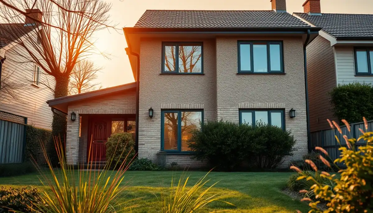 Maison rénovée avec isolation extérieure et fenêtres double vitrage, symbolisant l'efficacité énergétique