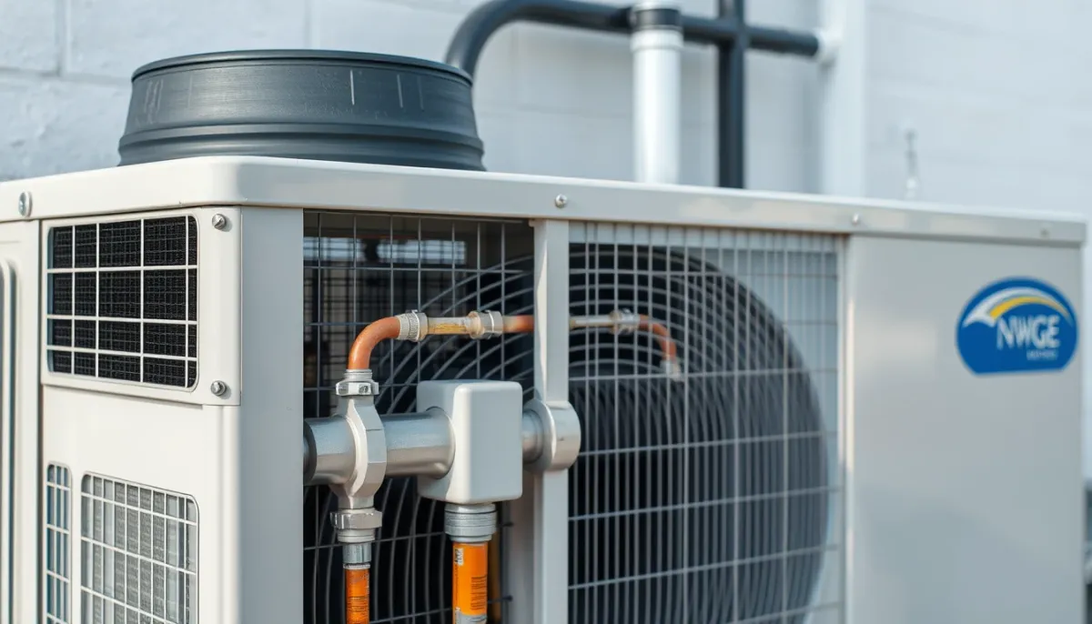 Unité extérieure d'une pompe à chaleur Panasonic Aquarea montrant le compresseur Inverter et les échangeurs traités anticorrosion