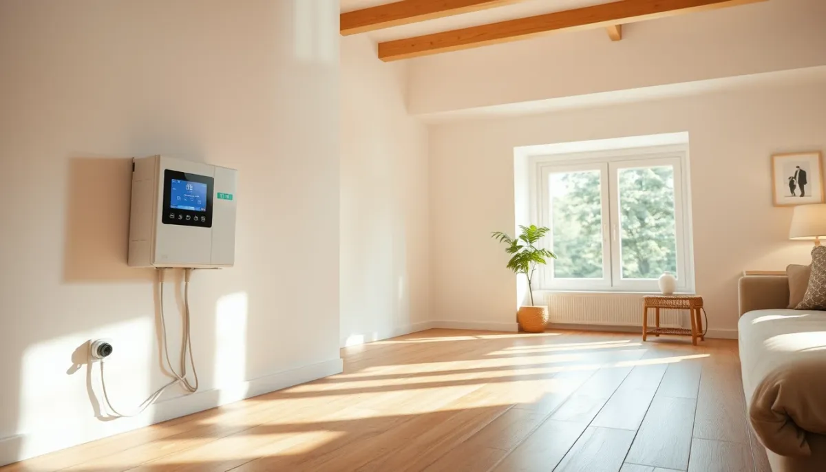 Salon lumineux chauffé par plancher chauffant avec module intérieur de pompe à chaleur Panasonic Aquarea