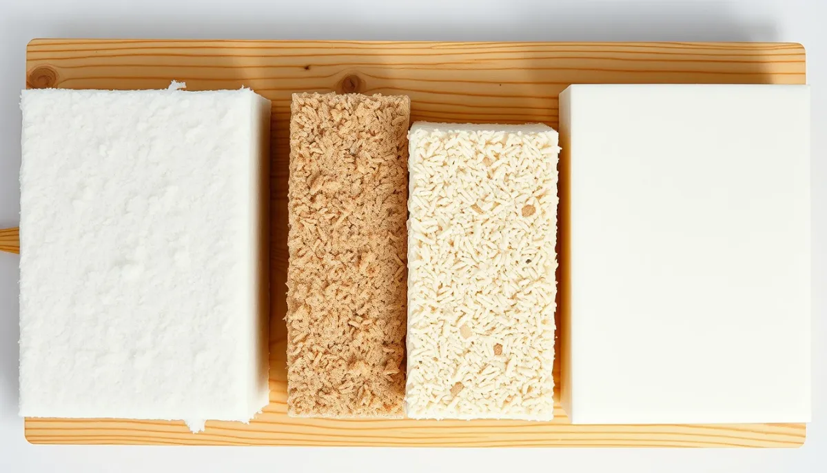 Comparaison côte à côte de différents isolants pour combles perdus : laine de verre, laine de roche, ouate de cellulose et panneaux de polyuréthane