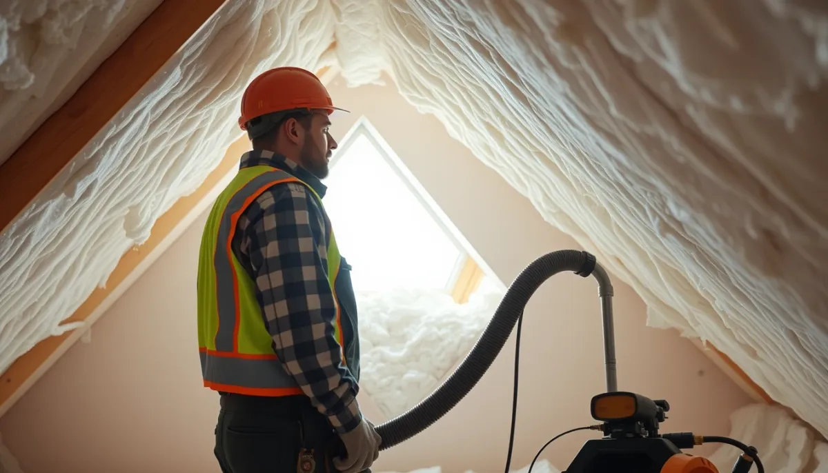 Artisan soufflant de la ouate de cellulose dans des combles perdus pour une isolation performante