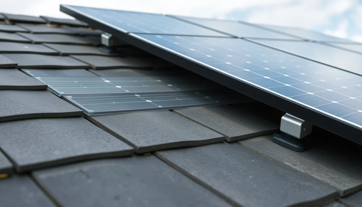 Gros plan sur des panneaux solaires fixés sur une toiture en ardoise