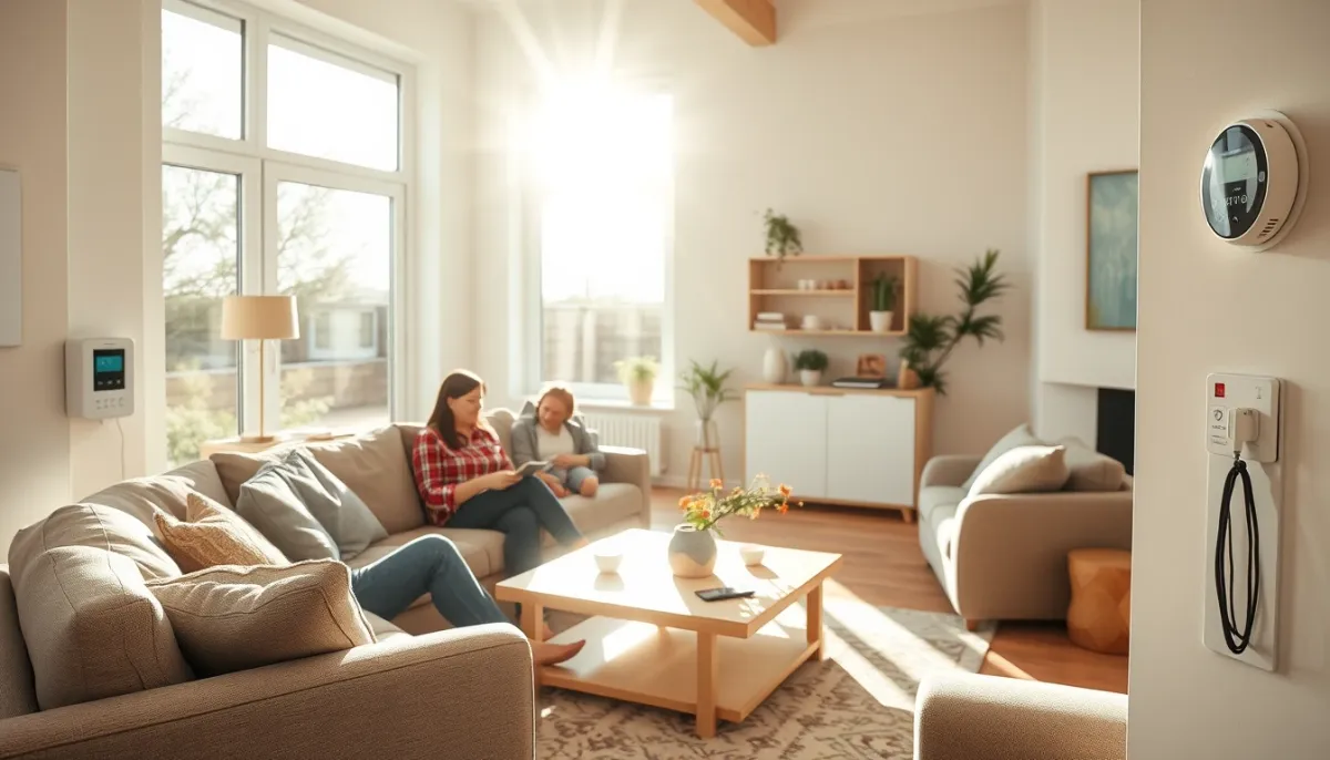 Intérieur d'une maison lumineuse avec un compteur intelligent, illustrant l'autoconsommation solaire