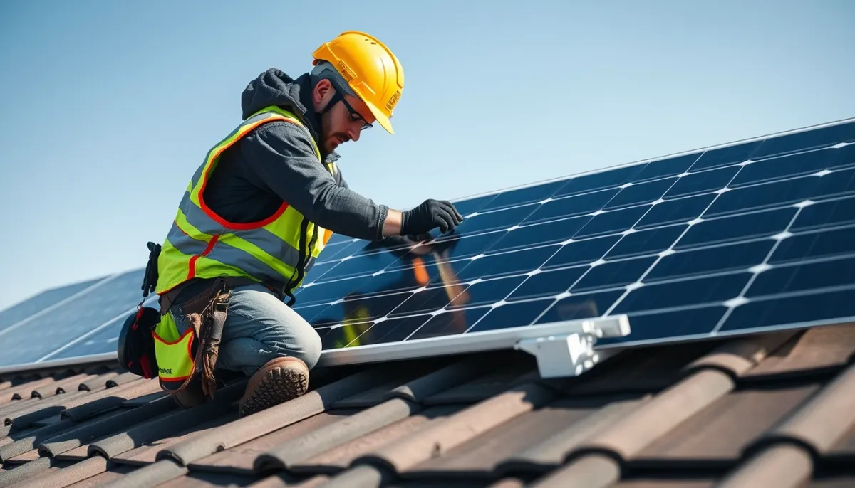 Installateur posant un panneau solaire sur un toit, illustration des coûts de pose