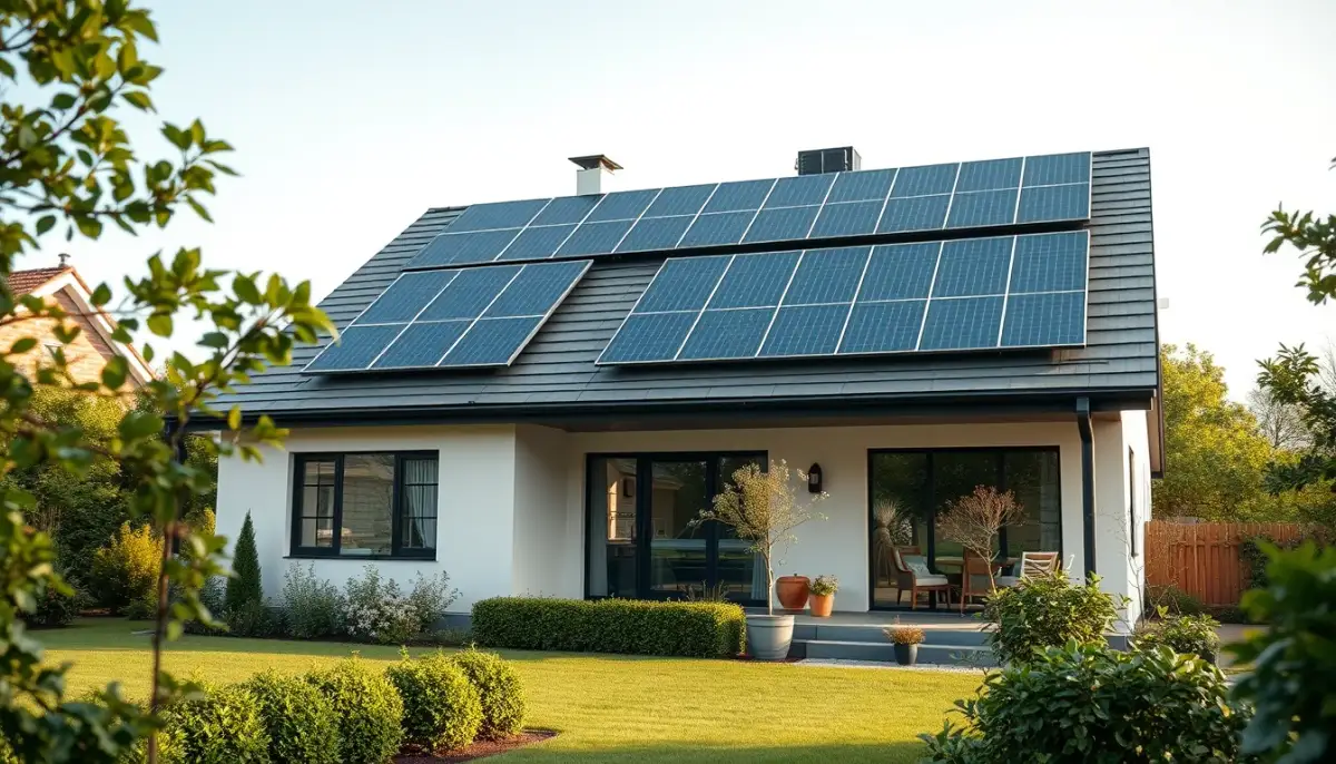 Maison individuelle équipée de panneaux solaires, vue de face