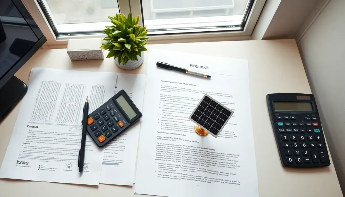 Bureau avec documents et calculatrice, symbolisant les aides financières pour le solaire