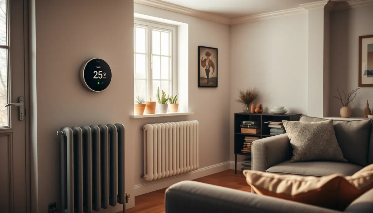 Salon confortable avec radiateur et thermostat intelligent, illustrant le confort d'une PAC air/eau