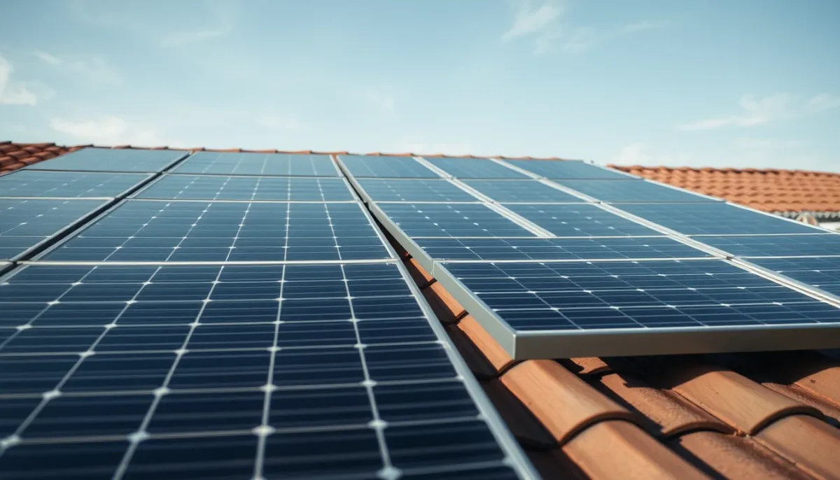 Gros plan sur des panneaux solaires photovoltaïques installés sur un toit résidentiel