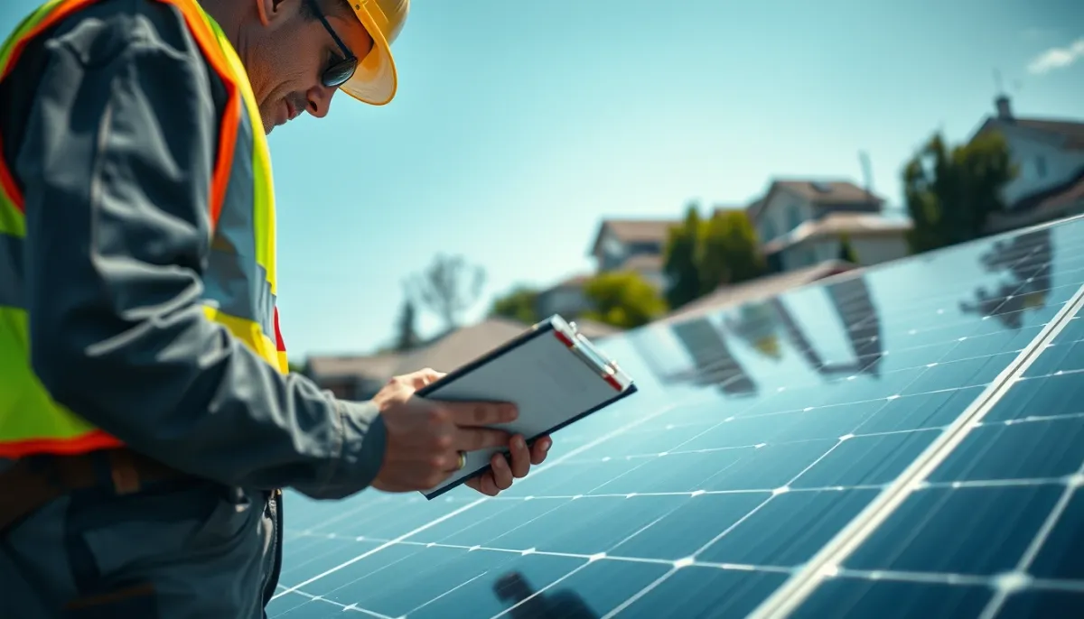 Technicien vérifiant une installation solaire sur un toit avant la mise en service