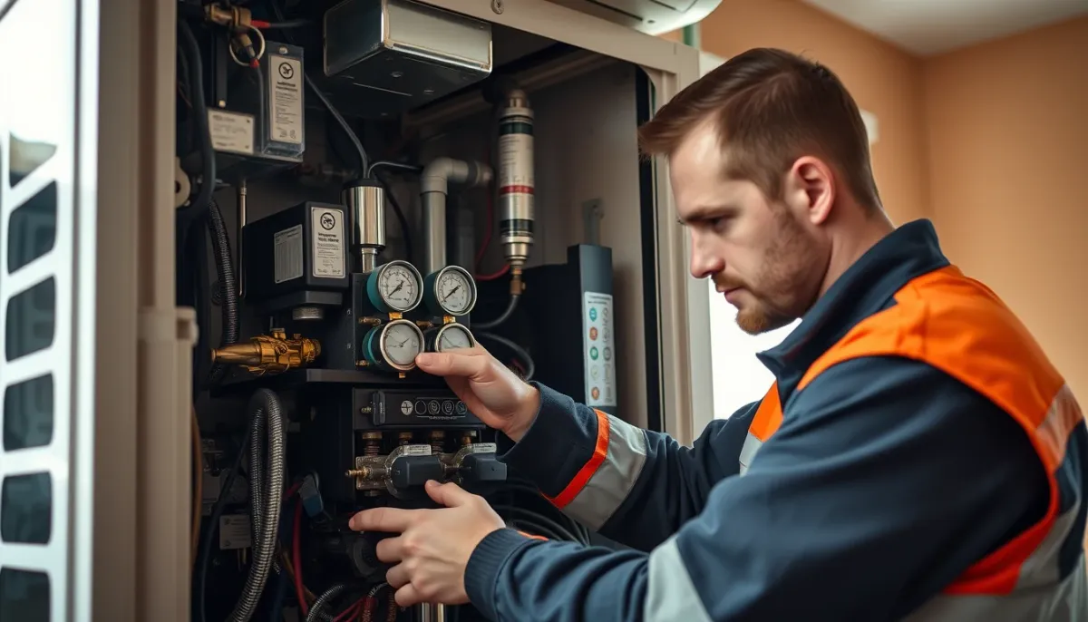Technicien certifié intervenant sur le circuit frigorifique d'une pompe à chaleur