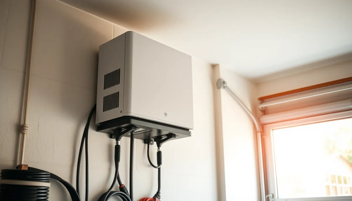 Onduleur solaire central installé sur un mur de garage