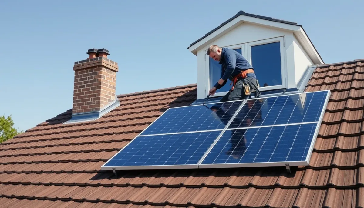 Installateur posant des panneaux solaires sur une toiture avec cheminée