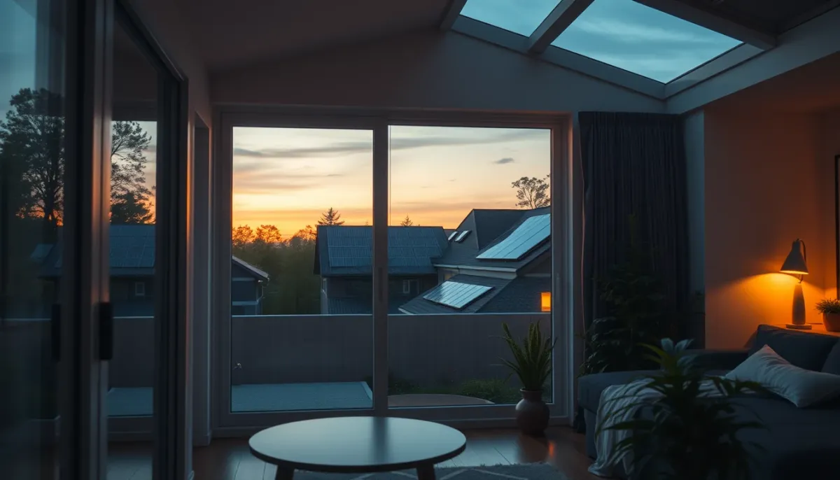 Intérieur de maison éclairé le soir grâce à l'énergie solaire stockée