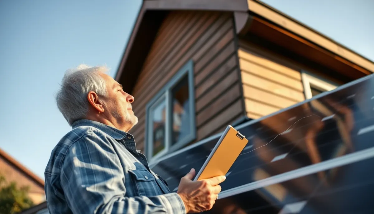 Propriétaire vérifiant l'état de panneaux solaires âgés de plus de 25 ans
