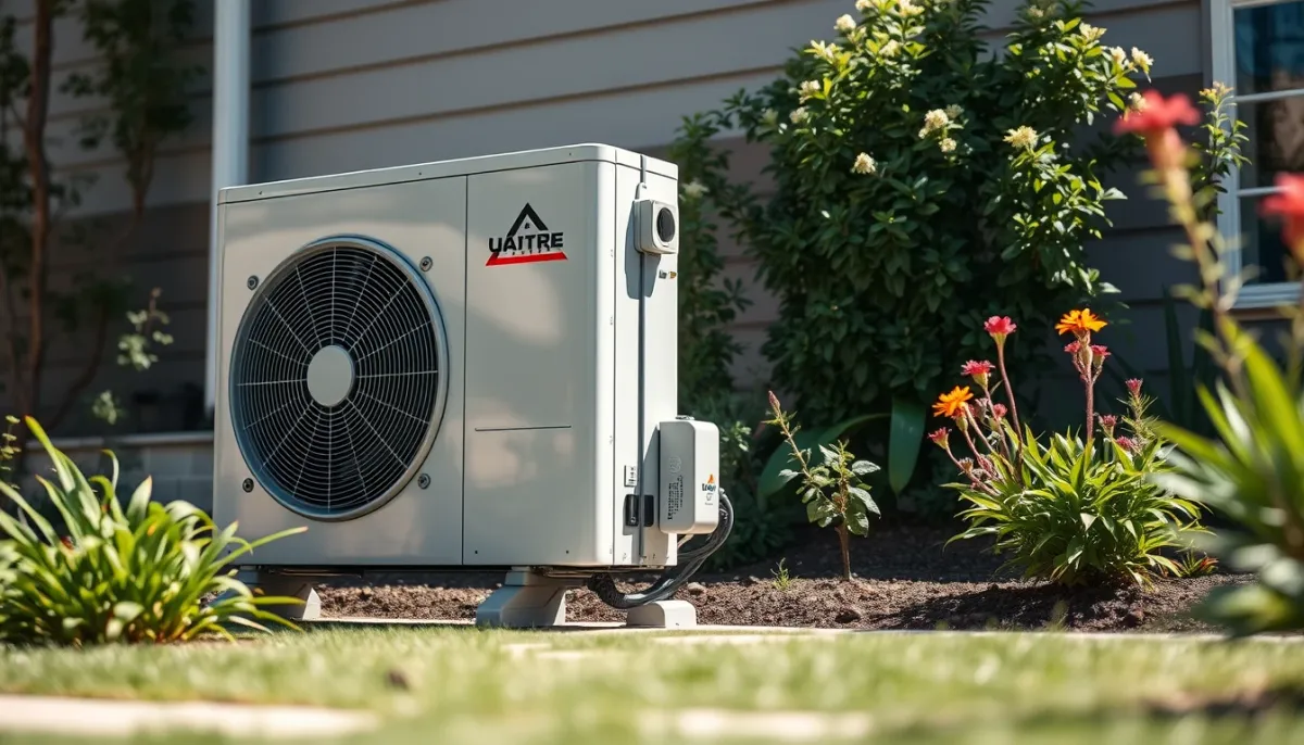 Unité extérieure de pompe à chaleur LG Therma V dans un jardin pavillonnaire