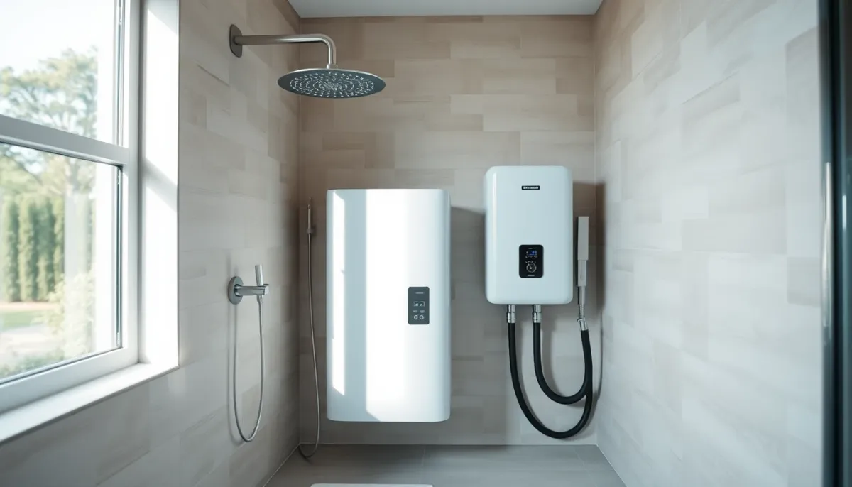 Salle de bain moderne avec chauffe-eau intégré, illustrant le confort au quotidien