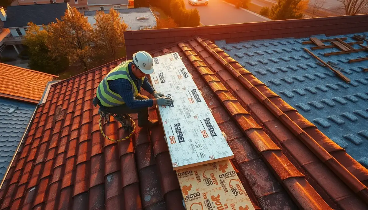 Pose de panneaux isolants rigides sur la toiture lors d'une isolation par l'extérieur (sarking)