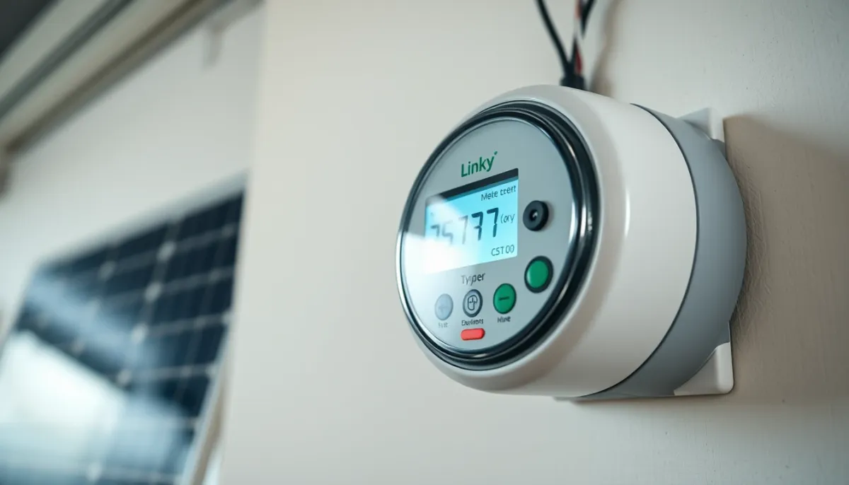 Compteur Linky installé sur un mur avec des panneaux solaires en arrière-plan