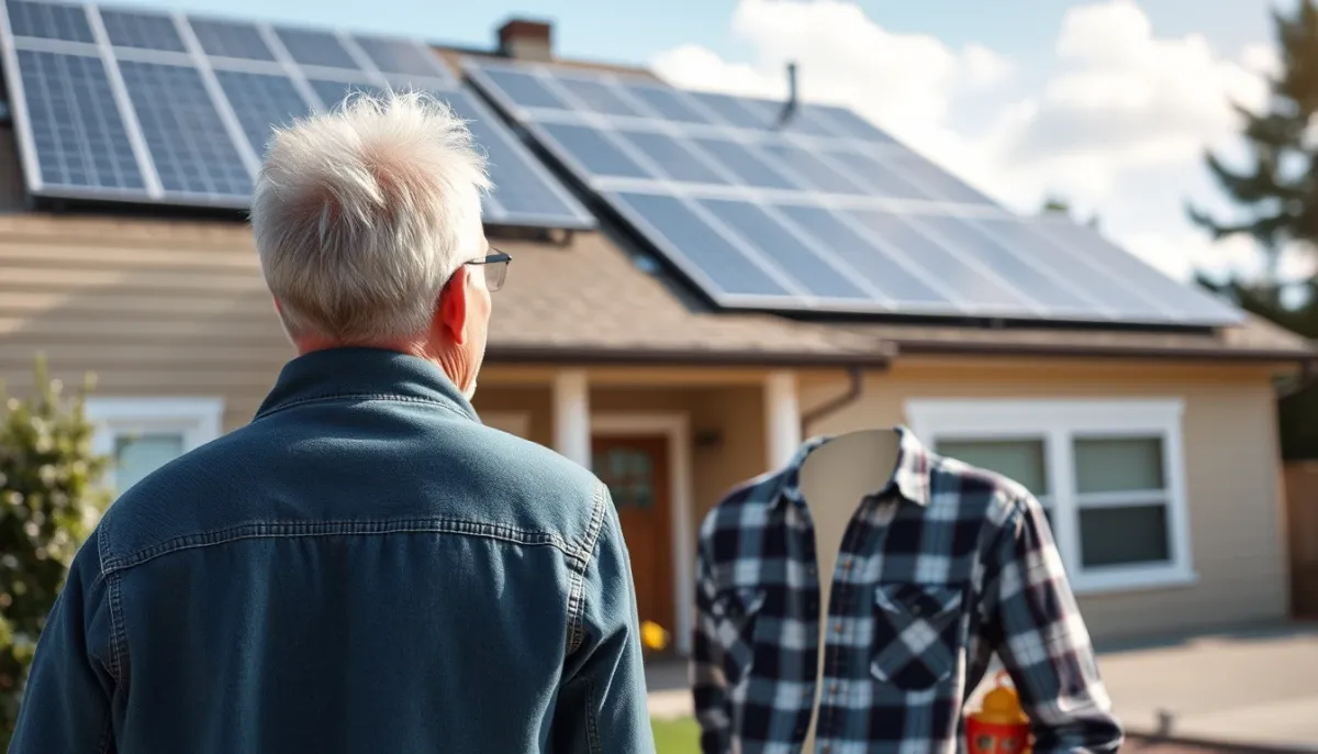 Propriétaire devant sa maison équipée de panneaux solaires déclarés
