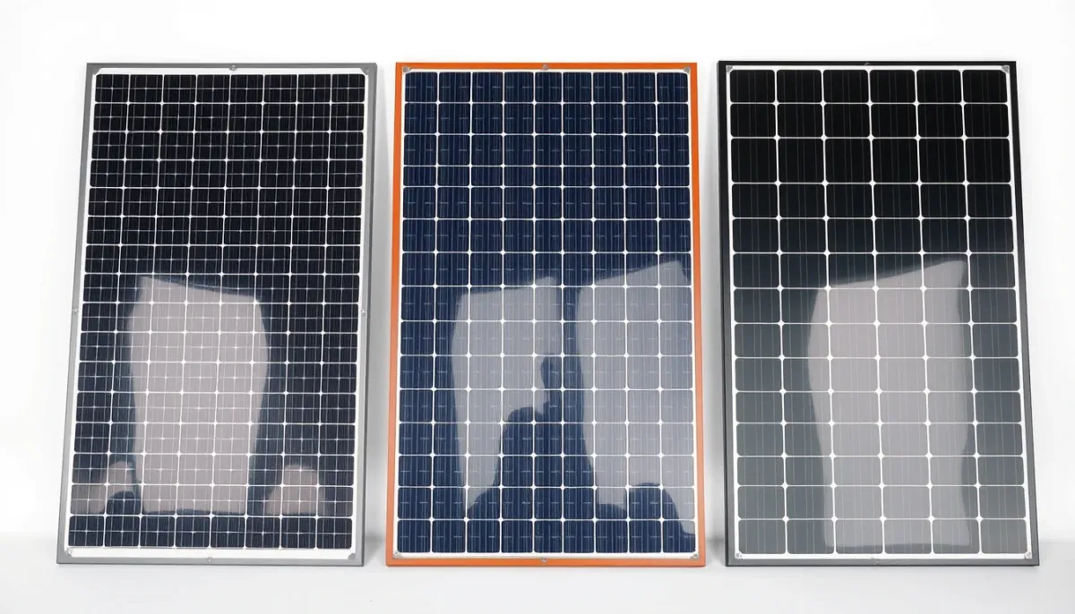 Comparaison visuelle de trois panneaux solaires : monocristallin standard, bifacial et full black