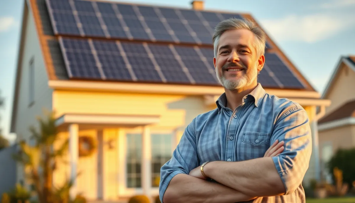 Propriétaire satisfait devant sa maison équipée de panneaux solaires adaptés à ses besoins