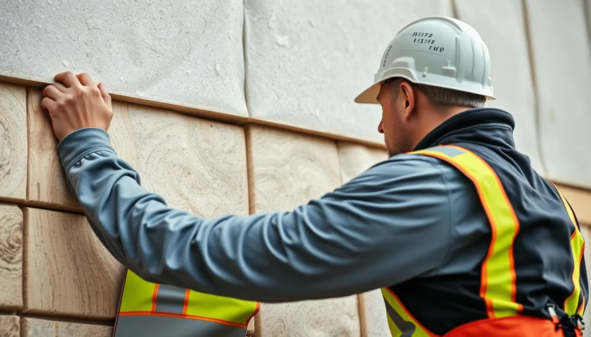 Pose de panneaux isolants rigides sur un mur extérieur lors de travaux d'isolation thermique par l'extérieur